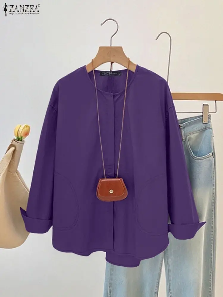 ZANZEA-camisas minimalistas para mujer, camisa informal de manga larga con cuello redondo y costuras abotonadas de Color sólido, ropa detallada para otoño 2025, 3XL