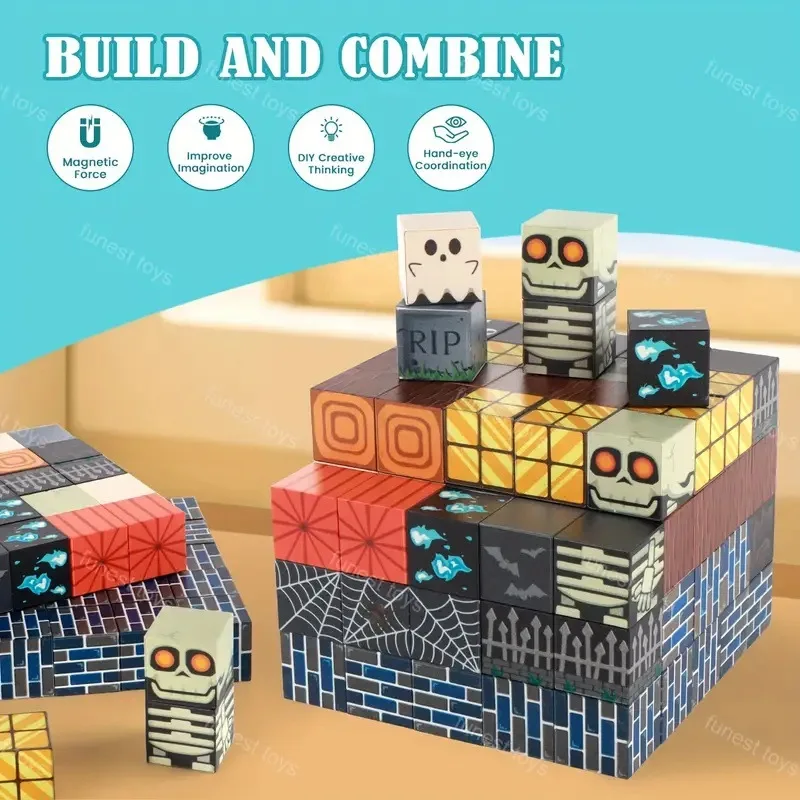 100 قطعة مجموعة كتل مغناطيسية ألعاب بناء للأطفال مشهد الهالوين نموذج عالمي مغناطيسي لمكعبات مونتيسوري الحسية هدايا للأطفال الصغار