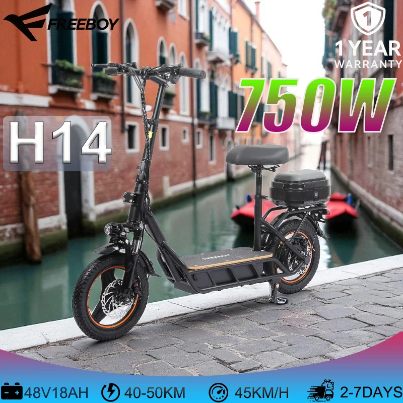 

H14 Electric Scooter 750W 48V 18Ah 14" Tires Aluminum+Steel Frame 28MPH 330lbs Load Disc Brakes Seat Trunk Commuter Adult