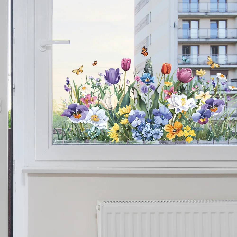 Fashion new flower clusters painted tulips butterfly leaves Glass doors and Windows home decoration window stickers