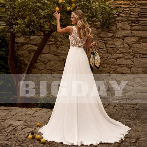 Imagen 2 del producto BIGDAY-Vestidos De novia De encaje con cuello en V, apliques De gasa sin mangas, espalda abierta, vestido De novia plisado, Vestidos De novia personalizados