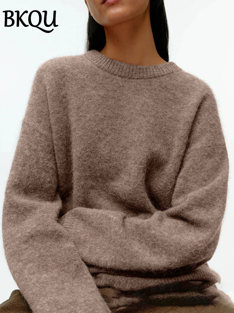 BKQU Casual Solid Women Sweater Fashion Basic O-neck Long Sleeve Knitted Pullover Autumn Winter Loose Commute Street Warm Tops