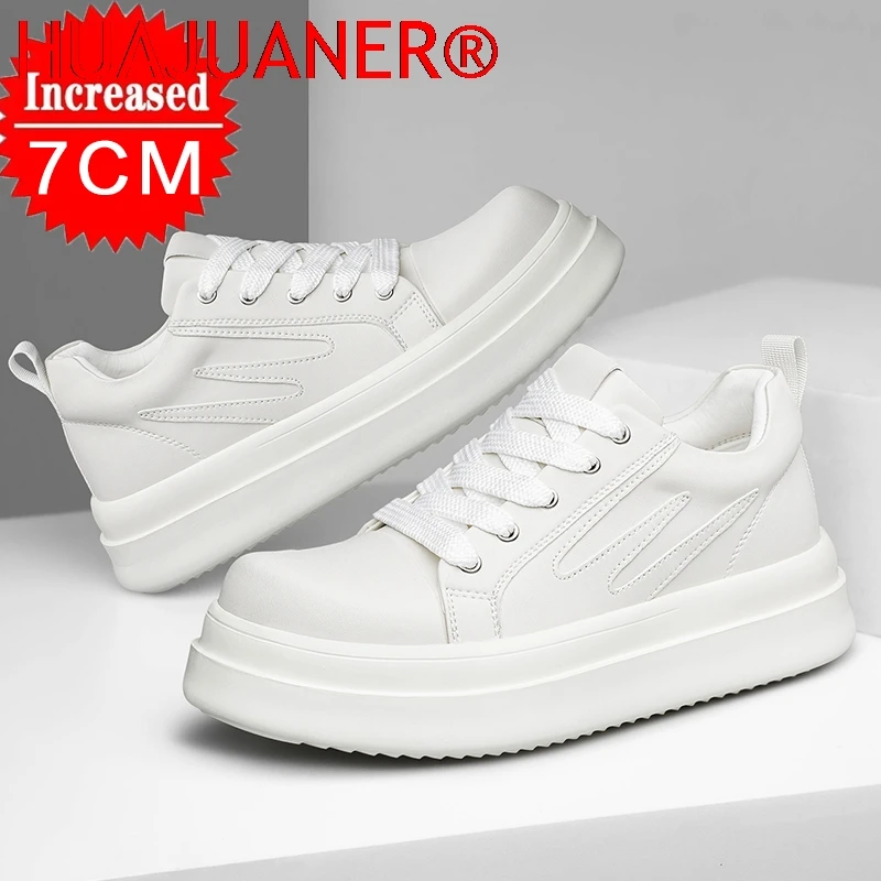 Men Elevator Shoes 7cm Hidden Heel Cowhide Leather Casual Footwear Thick Platform Sole Invisible Heightening Versatile Sneakers