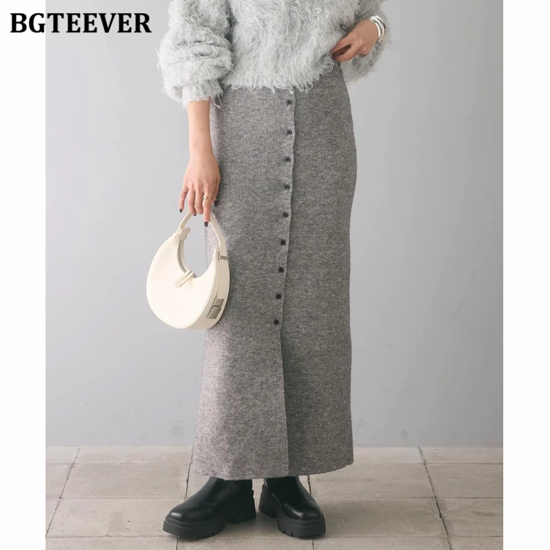 BGTEEVER Autumn Winter Fashion Elastic High Waist Ladies Knitted Package Hip Skirts Casual Slim Women Single-breasted Skirts