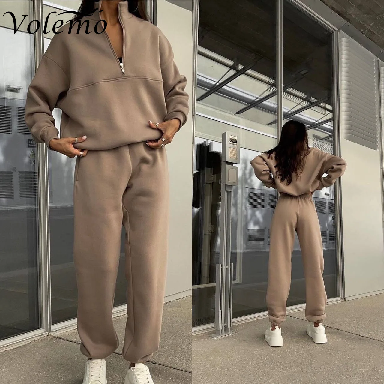 

Casual Long Sleeve Sweatshirts and Trousers Fleece Two Piece Sets Lady Suit 2023 Women's Tracksuit Autumn Warm Hoodie