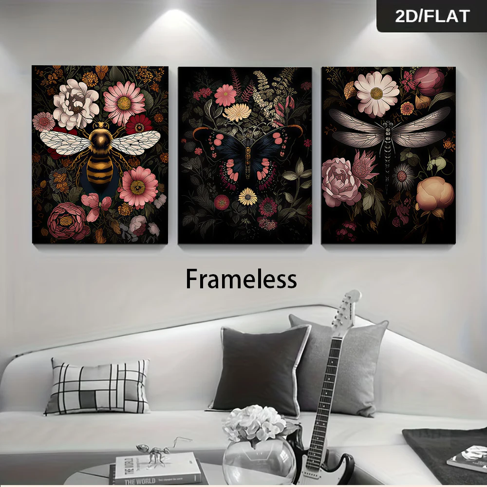 1 set of three-panel frameless decorative paintings featuring insects and flowers; suitable for bedroom, dining room, and entryw