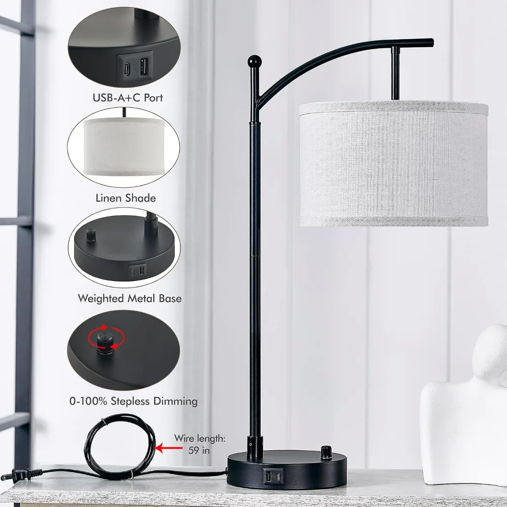 23.5" Table Lamps Set of 2 with USB C+A, Dimmable, Linen Shades, Black - view 3