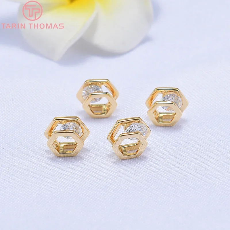 (3113)6 buah 10x10MM 12x12MM 24K warna emas berlapis kuningan persegi ganda dengan manik-manik zirkon kualitas tinggi DIY temuan pembuatan perhiasan