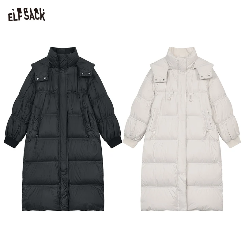 ELFSACK 2024 Autumn New Arrivals 90% White Duck Down Long Hooded Puffer Coat for Women Loose Fit