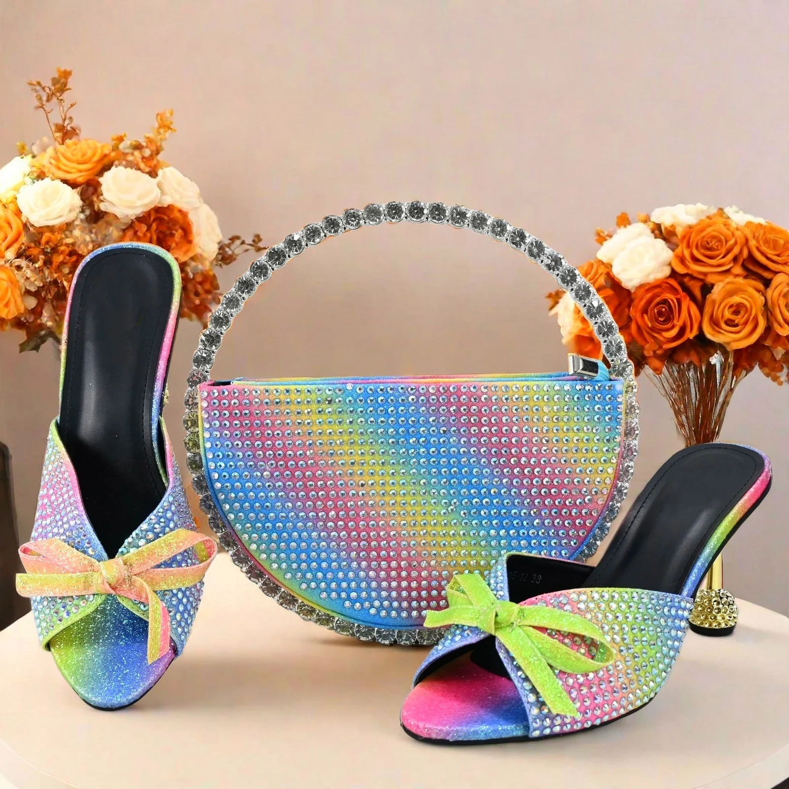 Autumn Special Rainbow Color Slipper Shoes And Bags Set Newest Elegant Rhinestone Ladies Shoes And Bag Set For Woman Size 38-43