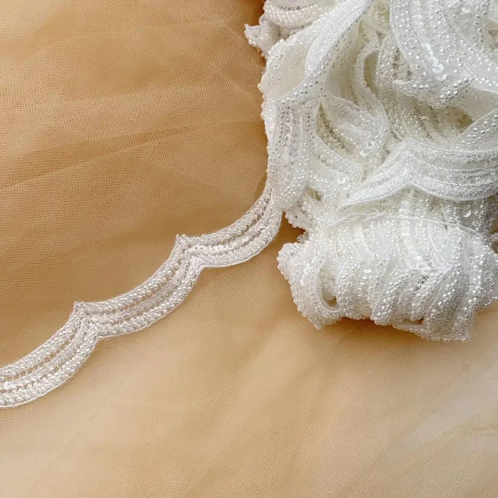 

5 Yards High Quality Luxury Full Bead Narrow Lace Barcode DIY Beige Artificial Silk Material Wedding Veil Wave Lace Accessories