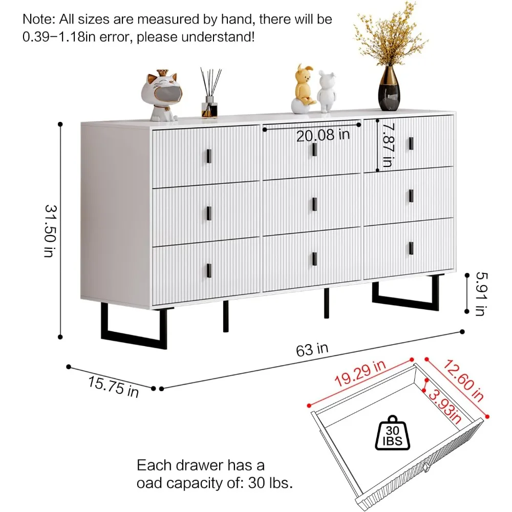 White 9 Drawer Dresser for Bedroom with Wide Large Drawers Large Double Dresser with Modern Chest of Drawers