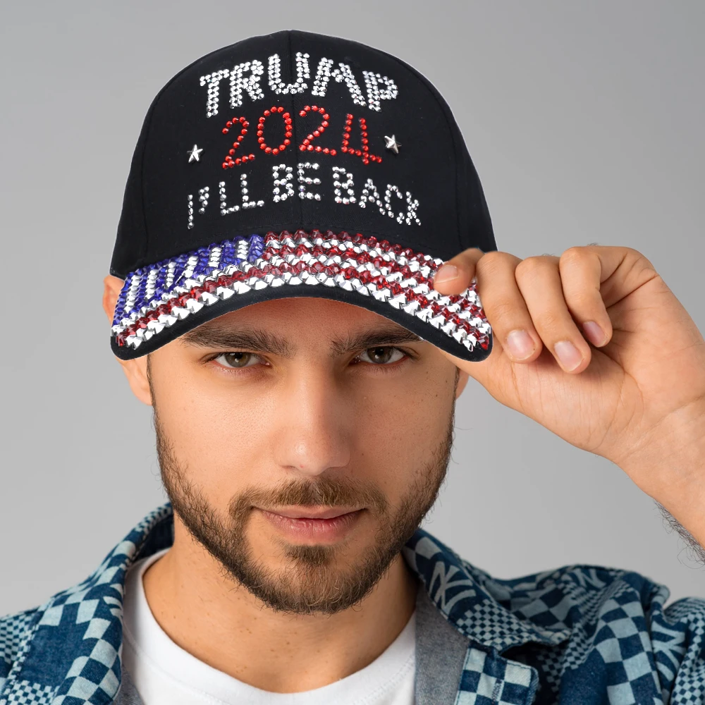 Patriotic Election Day Trump Girl USA American Flag MAGA Hat TRUMP 2024 I\'LL BE BACK Denim Rhinestone Bling Sparkle Baseball Cap