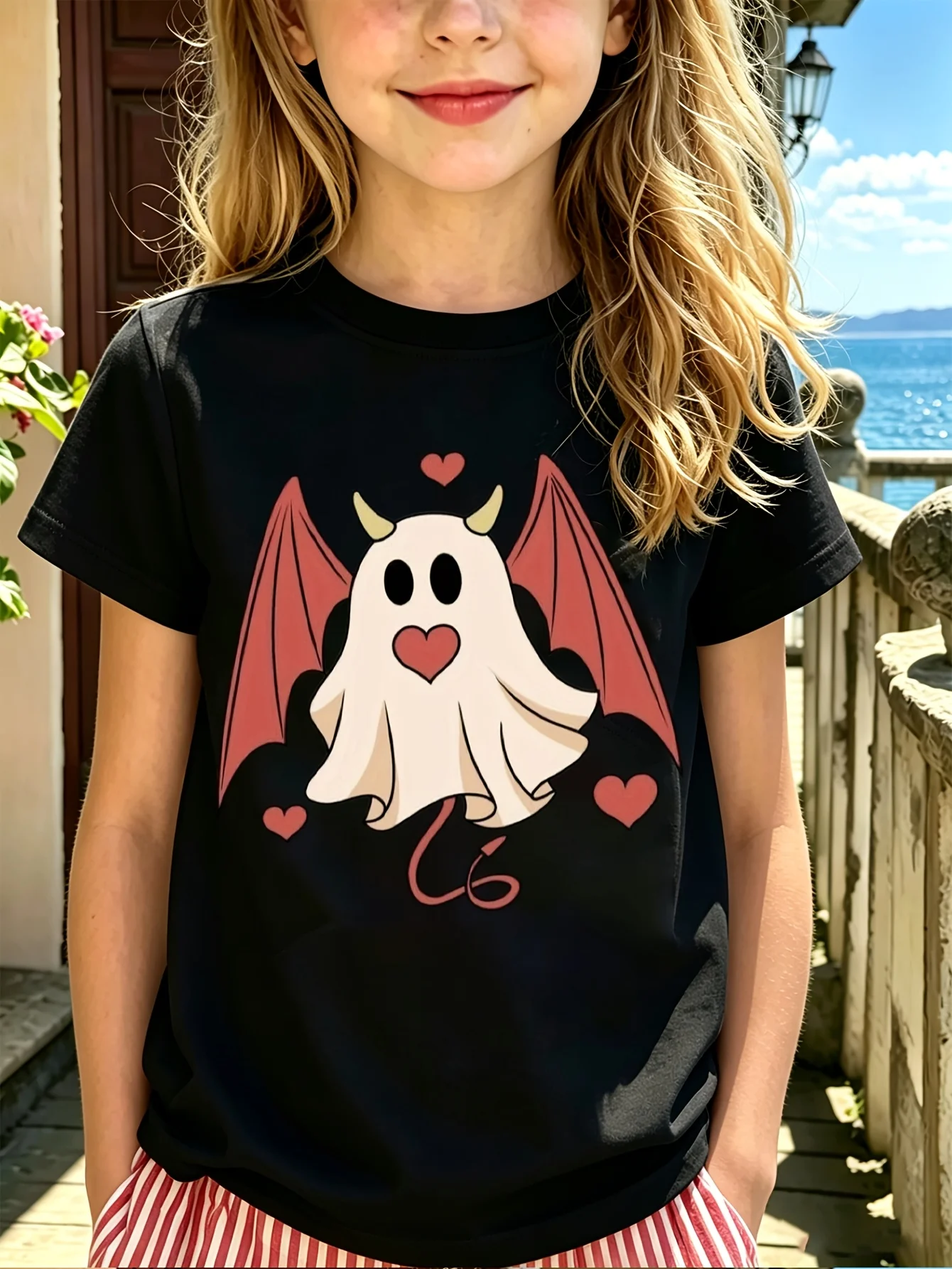 Kids Boys Girls Family Matching T Shirt Halloween Cute Devil Ghost Heart Wings Graphic Print Short Sleeve Crew Neck Daily Tops
