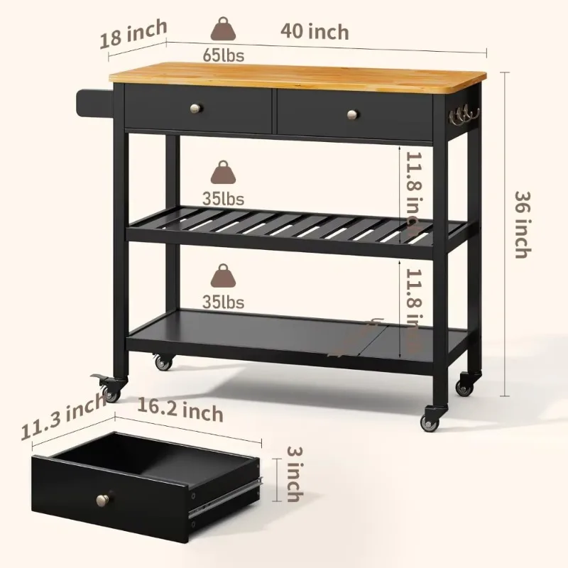 

The kitchen Island Carts w/Storage& 40’’ Wooden Top, Mobile Trolley Cart On Metal Wheels w/Shelves&Hooks, for Dining Room&Bar