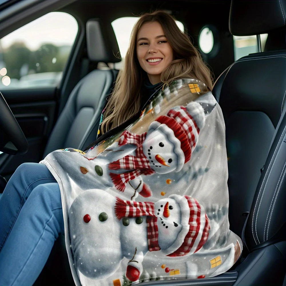 1 шт. уютное фланелевое одеяло с рождественским снеговиком — легкий, всесезонный вязаный флис для дивана, кровати, путешествий — мягкий полиэстер