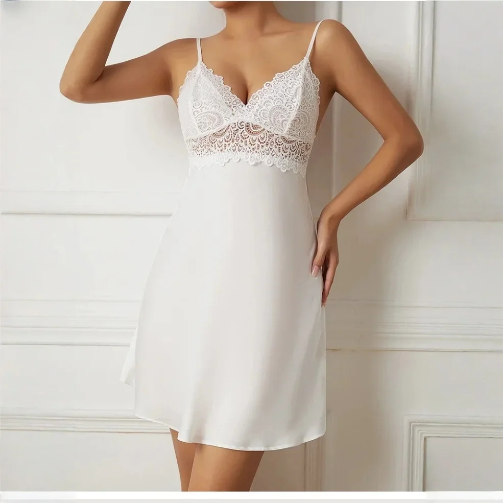 

Elegant White Satin Slip Dress with Lace Trim - Slightly Transparent Sleepdress Suitable For Home Use