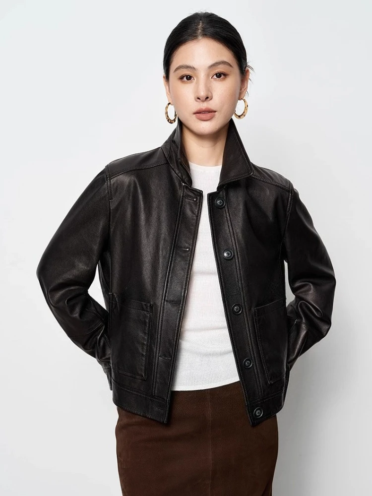 

Casual Short Genuine Leather Jackets Women Simple Single Breasted Slim Soft Black Real Sheepskin Coat jaqueta feminina de couro