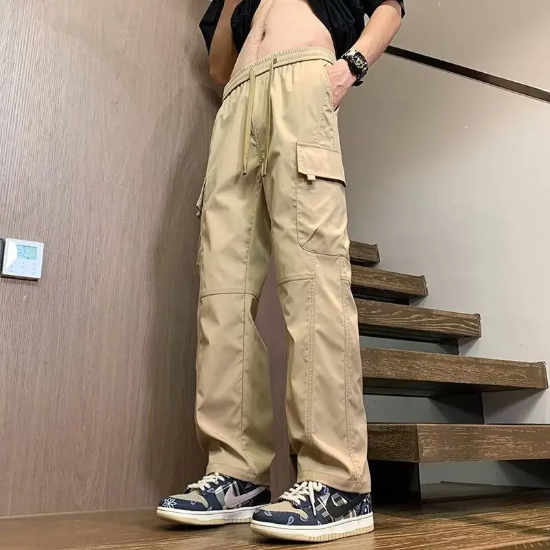 

Men's Clothing Spring Autumn Drawstring Solid Color Elastic High Waisted Pockets Trousers Cargo England Style Straight Pants