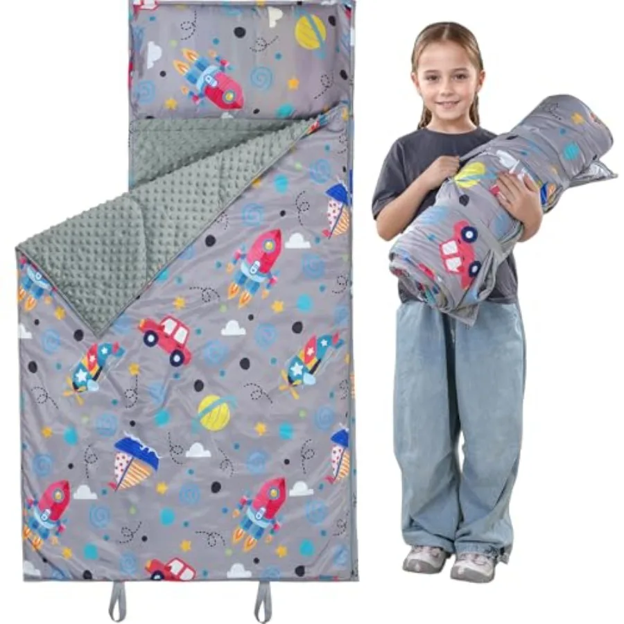 

Toddler Nap Mat with Pillow and Minky Blanket Large 54.7''x33.4'' Sleeping Bag Washable Roll up Sleeping Mat for Boys and Girls