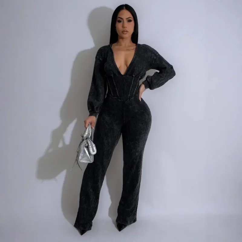 

GUWU Street Fashion Women Knit Ribbed Long Sleeve Moto Biker Jumpsuits V-neck Washed Party Outfits One Piece Suit Rompers