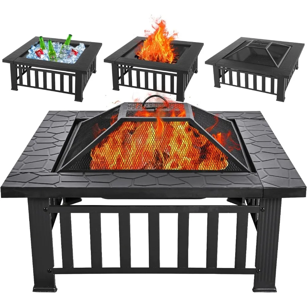

Multifunctional Fire Pit Table 32 inch Square Metal Firepit Stove Backyard Patio Garden Fireplace for Camping, Outdoor Heating,