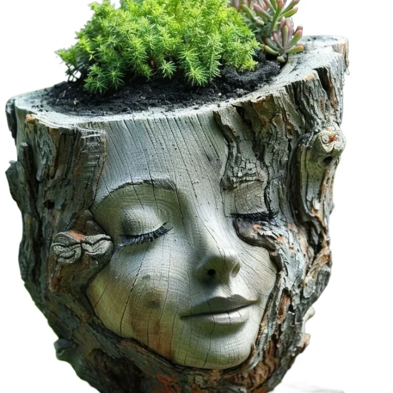 Creative Funny Girl Face Flowerpot Handmade Waterproof Tree Stump Girl Pot Resin Crafts Figure Planter Living Room Decoration
