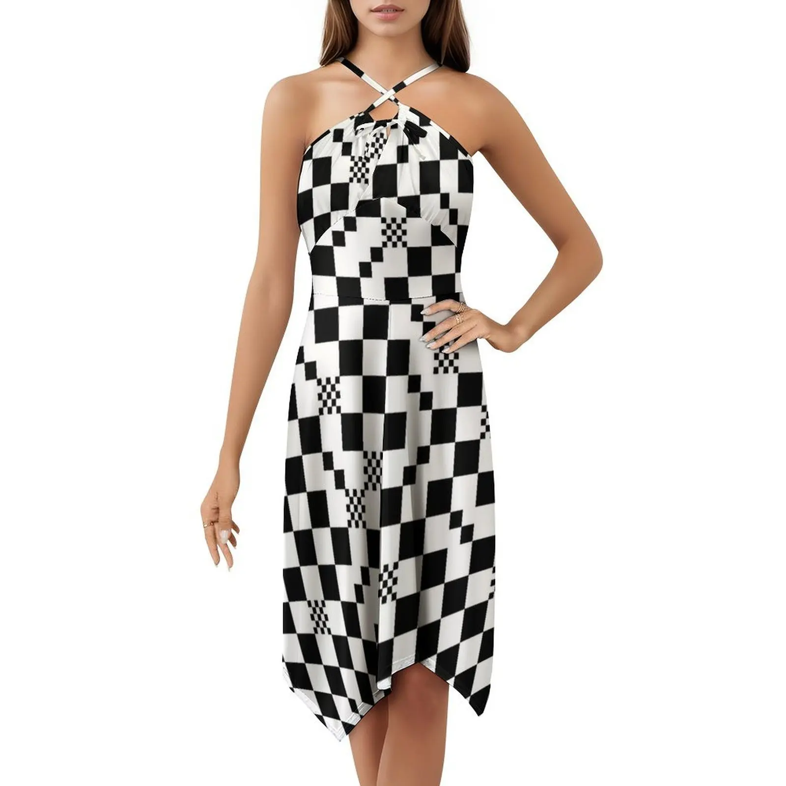 الشيكات في الشيكات // فستان بفتحة عنق على شكل قلب أبيض وأسود فستان حفلات صيفي أنيق للنساء نمط كر أسود و #5