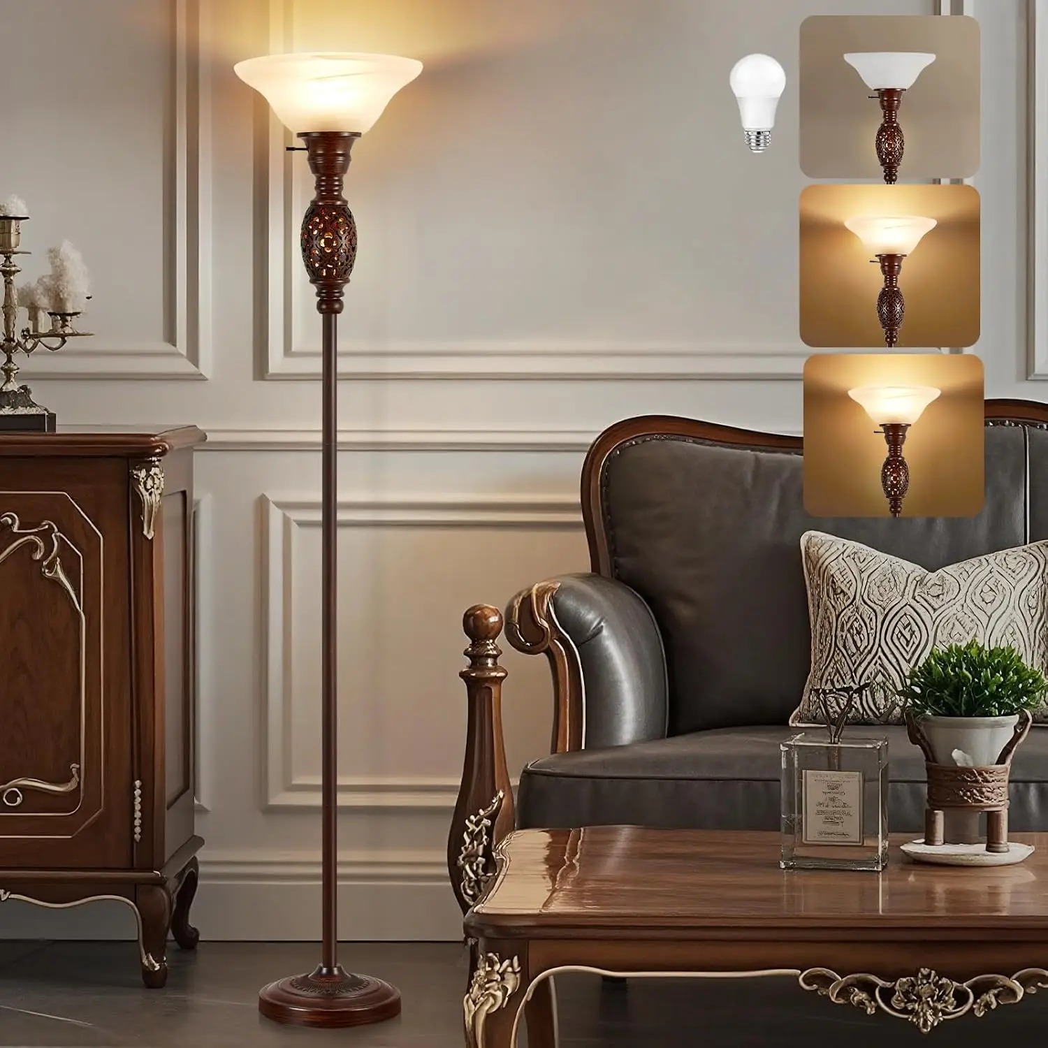 

Victorian Style 70" Torchiere Floor Lamp with NightLight, Rotary Switch & Etched Glass Shade for Living Room, Bedroom, Office