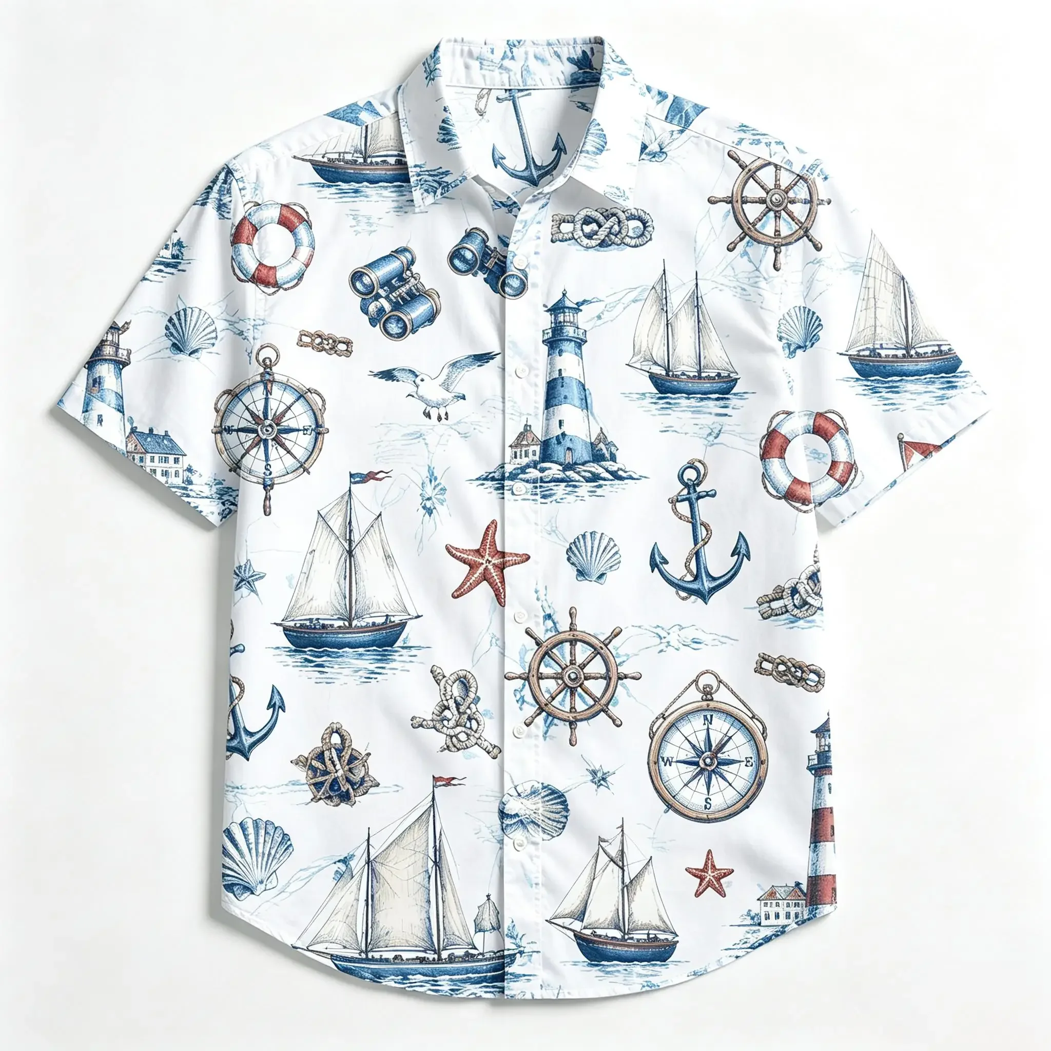 Men Summer 3D Print Lapel Shirt Polyester Lighthouse Sailboat Coconut Tree Short Sleeve Hawaiian Shirt