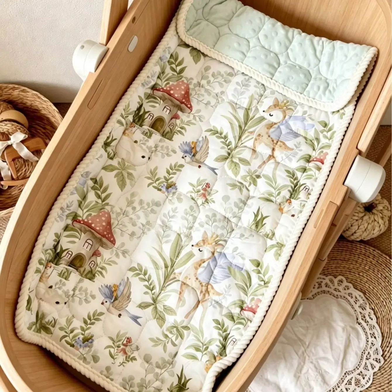 Quilted Baby Stroller Liner, Reversible Forest Animal Print Stroller Pad with Matching Pillow, Soft Dotted Seat Cushion for Newb