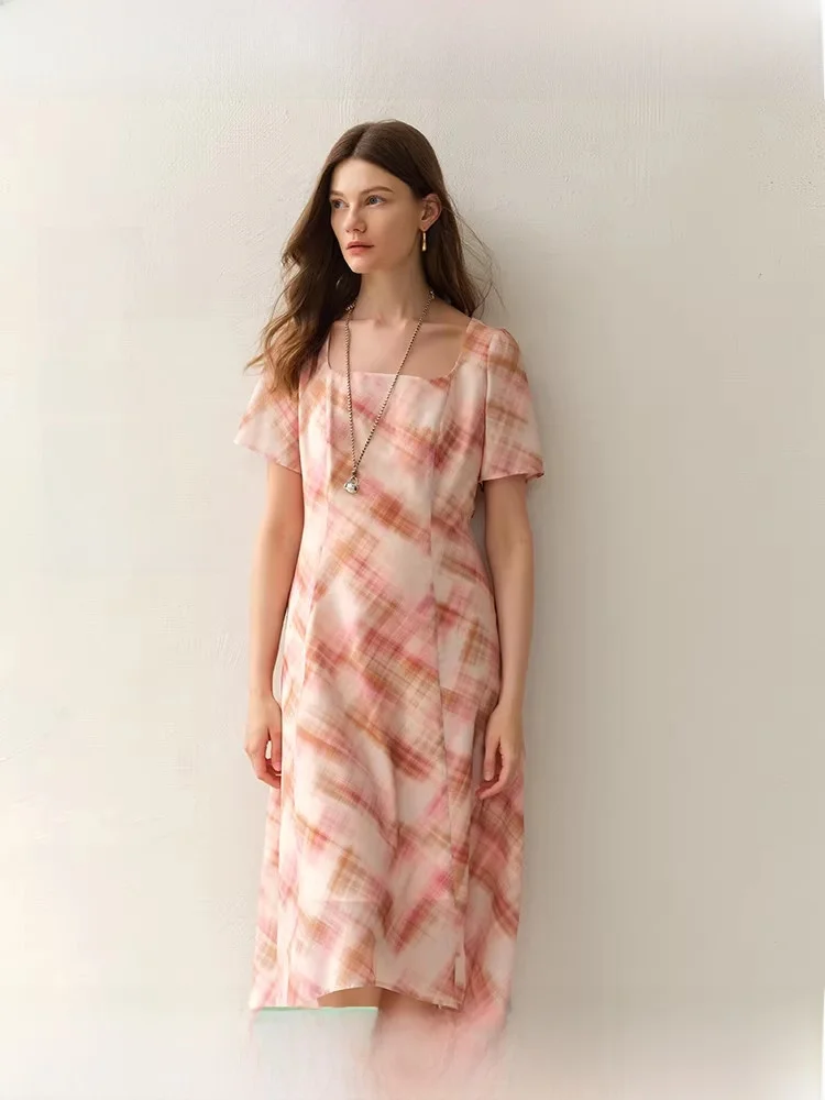 

Vintage Plaid ort Sve Waist-Cinching Dr for plus Size Women Pear ape Slimming Skirt Single Piece Summer Dr