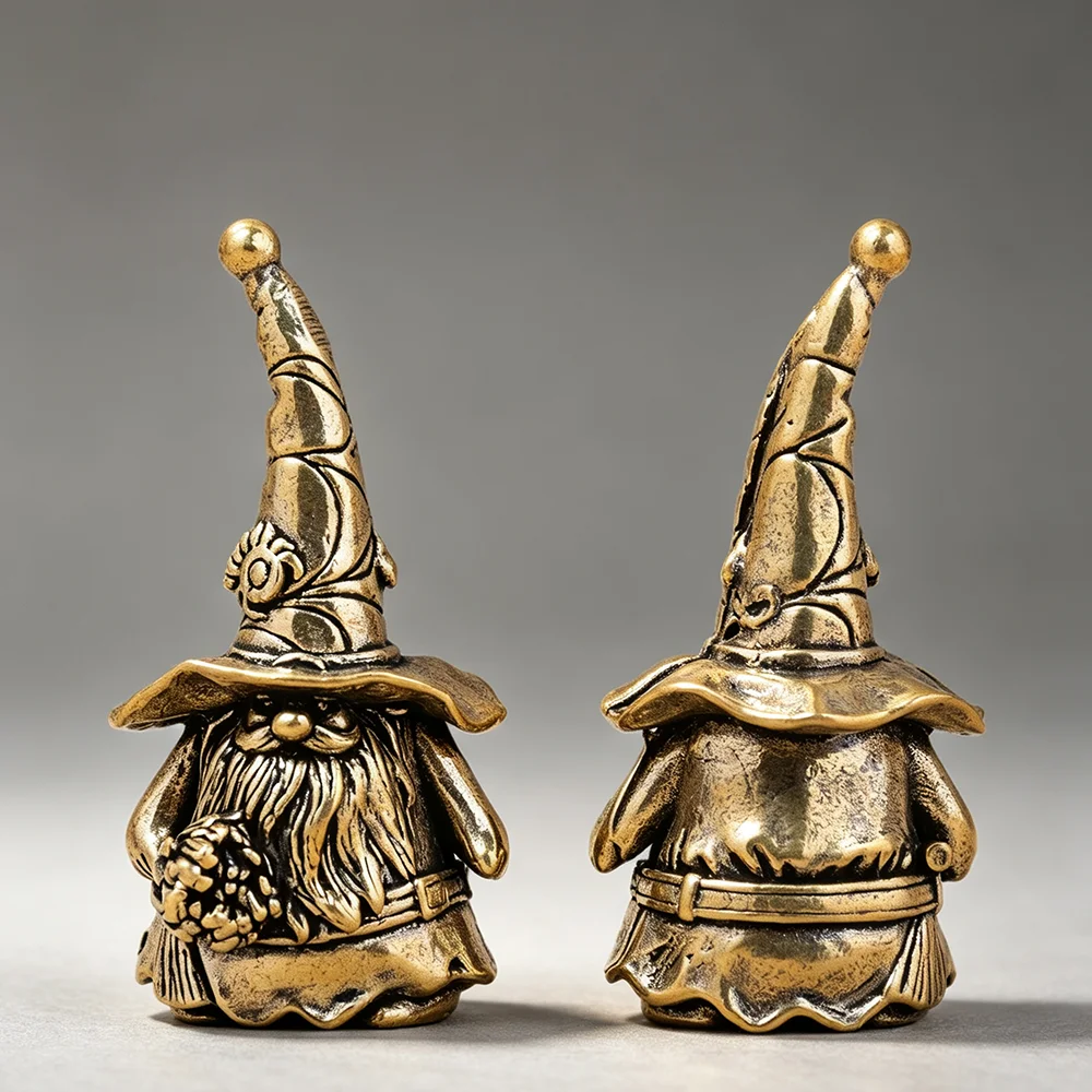 Vintage Brass Gnome Wizard Miniature Statue, Floral Pointed Hat Gnome Ornament, Collectible Metal Decor