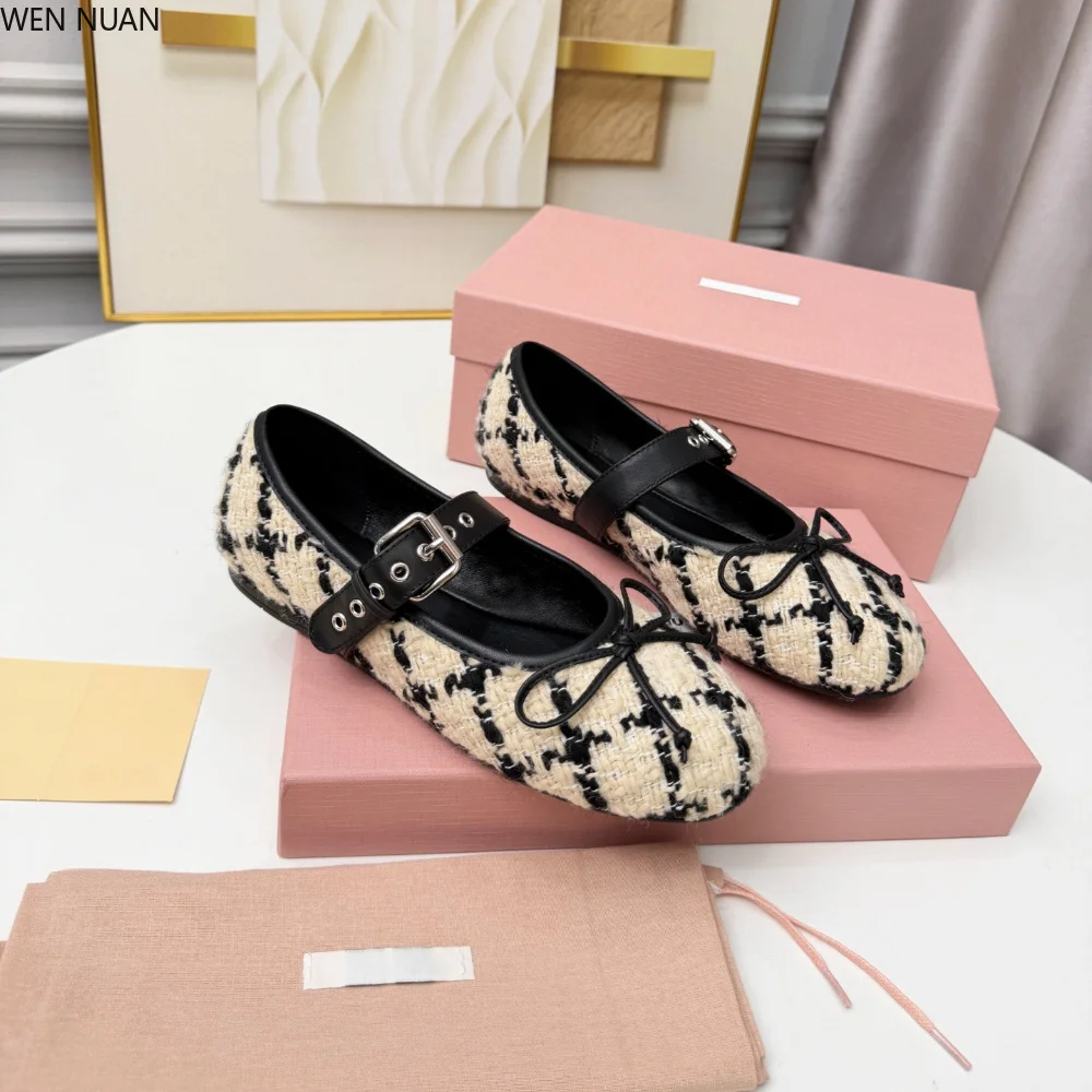 All-purpose one-string strap flat Mary Jane shoes in 2026 autumn style. Leather round-toe bow ballet flats.