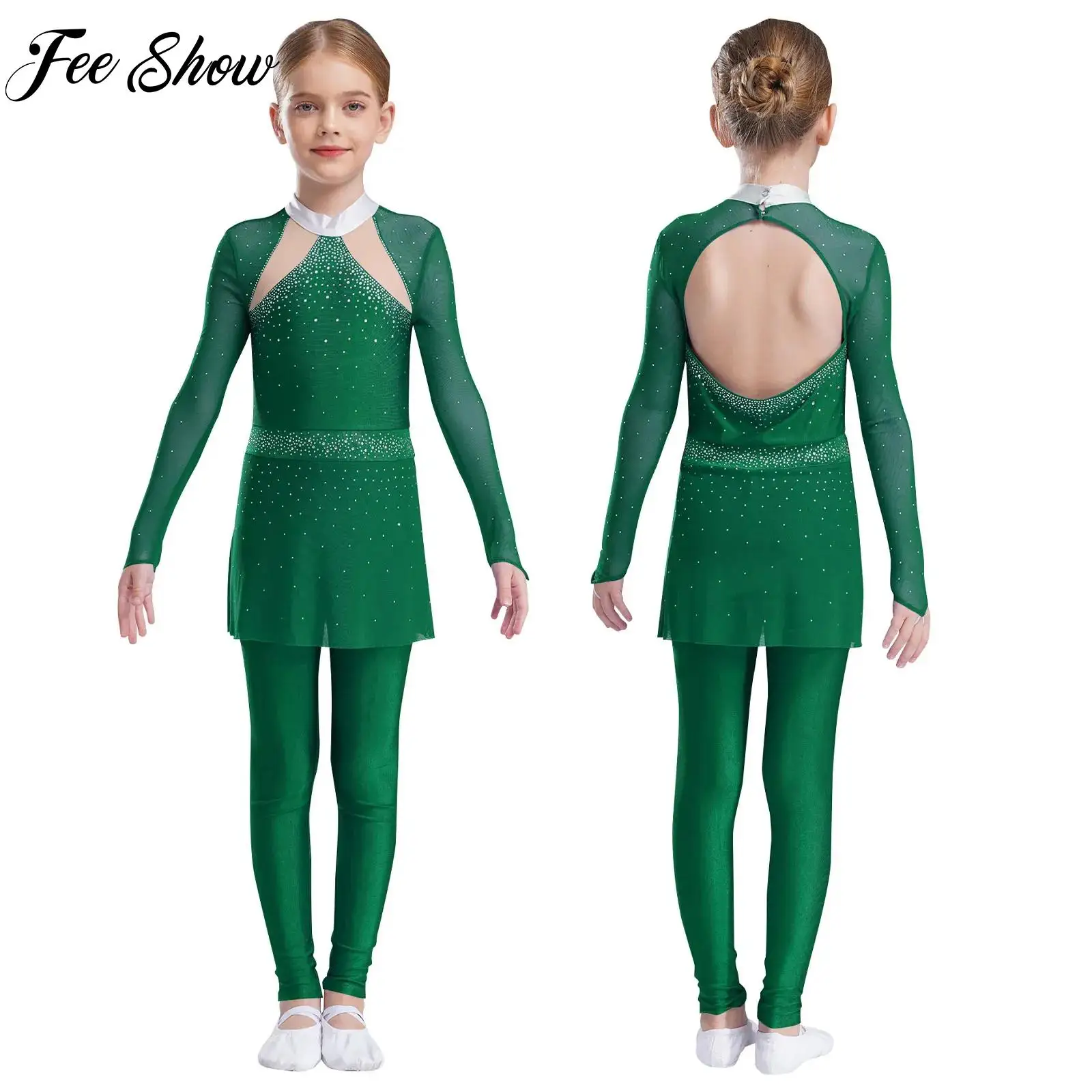 

Girls Figure Ice Skating Roller Skating Skirted Jumpsuit Kid Glittery Rhinestones Ballet Gymnastic Leotard Performance Dancewear
