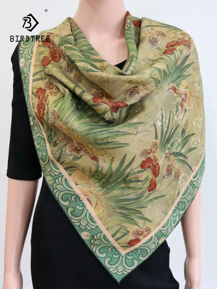 Birdtree 100%Real Silk Elegant Orchid Countryside Style Shawl Scarf Mom's Gift Double Sided Colored Scarf 2024 Spring A3D908QC