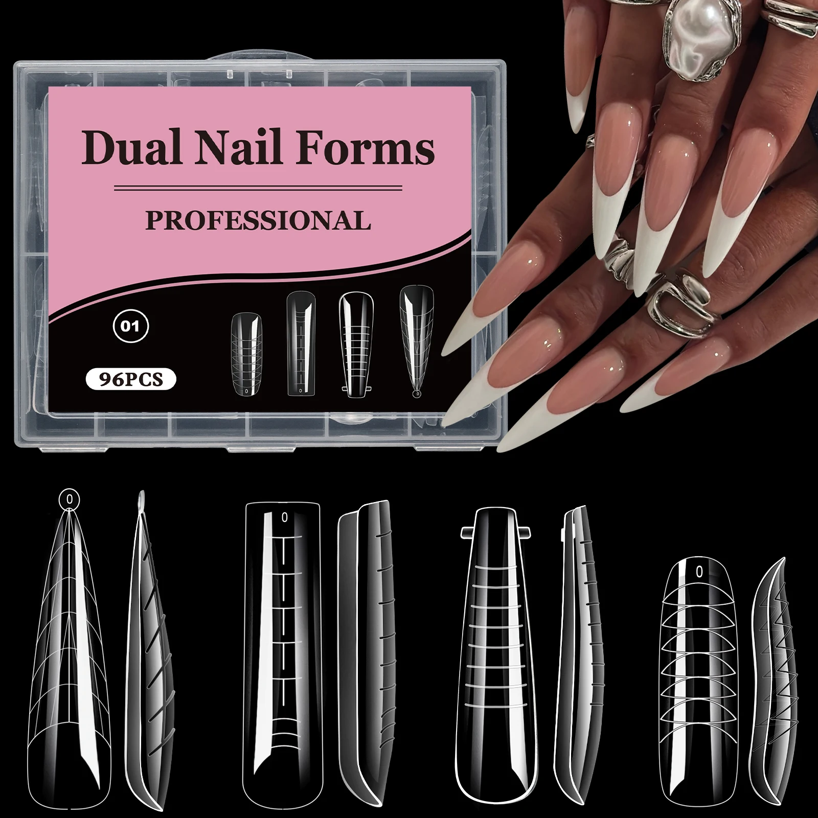 96pcs Stiletto Coffin Clear Dual Forms False Tips Quick Building Gel Mold Nail Art Tools Full Cover Nail Extension Forms Top