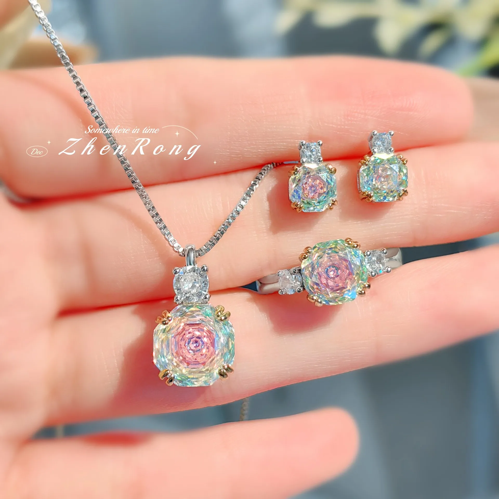 Ladies' small and exquisite octagonal rose necklace, colorful pink diamond ring, red earrings, ladies' colorful treasure set