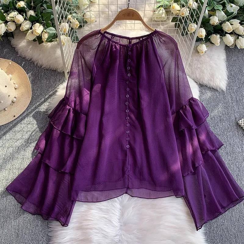 French Ruffle Patchwork Purple Shirt For Women 2025 New Design Sense Youthful Versatile Loose Bell Sleeve Top