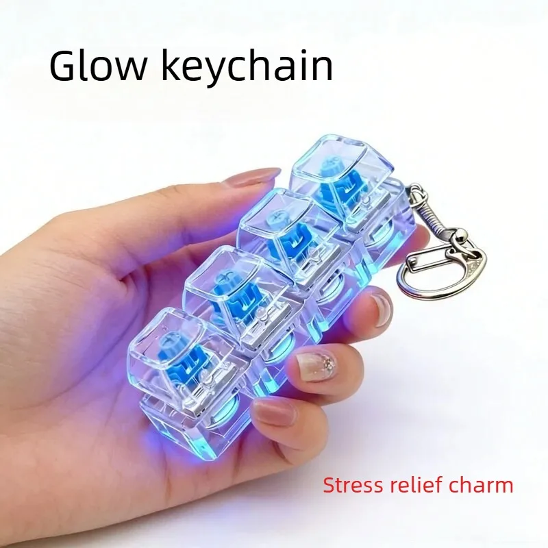 Four-key PC Transparent Keyboard, RGB Keyboard Keychain, Illuminated Keyboard, Office Fishing Button Decompression Toy.
