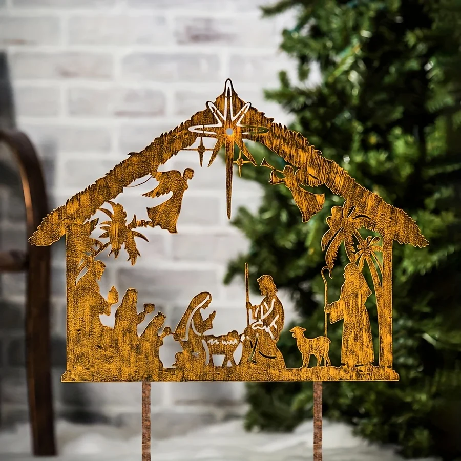 1pc Rustic Nativity Scene Metal Garden Stake - Religious Christmas Decoration with Mary, Joseph, Youngsters & Shepherds