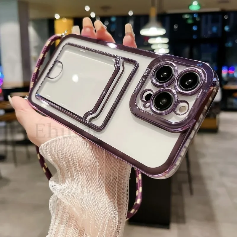 

Plating Strap Phone Case For iPhone 16 Pro Max Plus 16Pro 16P iPhone16 Crossbody Lanyard Necklace Wallet Card Slots Clear Cover