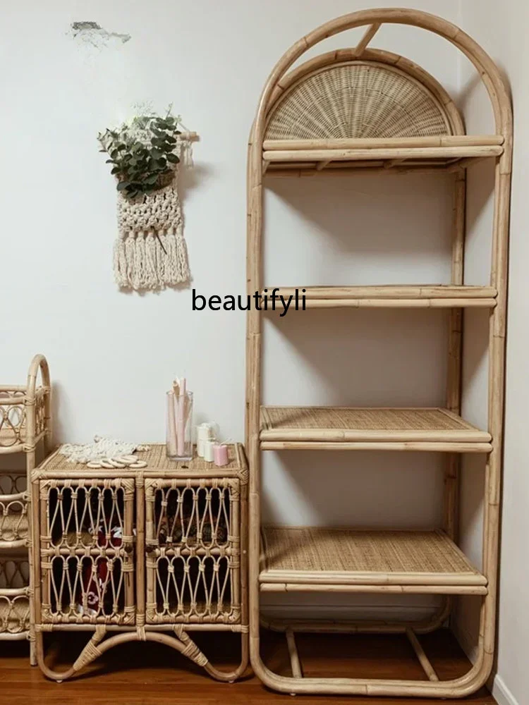 178Rattan Bookshelf Floor Shelf Japanese Household Bookcase Display Cabinet Multi-Layer Partition Storage