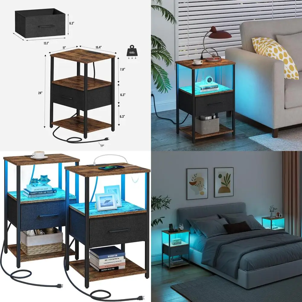 

Pair of Brown LED Nightstands with Charging Ports, Fabric Drawers, for Bedroom and Living Room TB01BB0692L