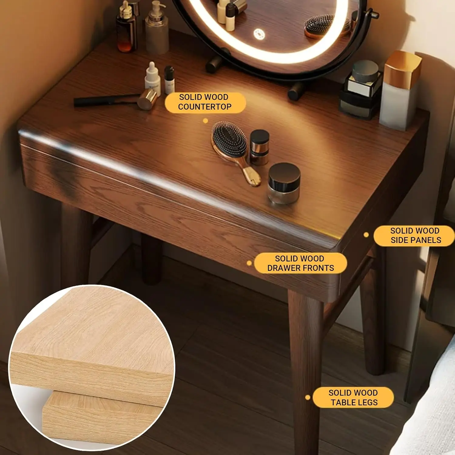 Solid Wood Dressing Table with smart LED Mirror, Bedroom Makeup Vanity Table with Spacious Drawer, Multi-Purpose Laptop Desk She
