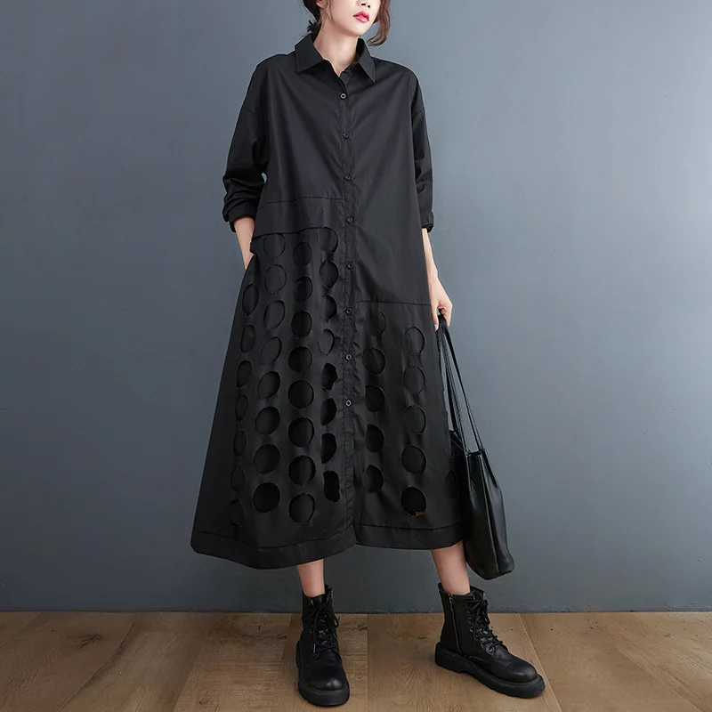 #3204 Black Green Long Shirt Dress Woomen Loose Turn-down Collar Button Front Shirt Dress Long Sleeve Loose Irregular Dresses