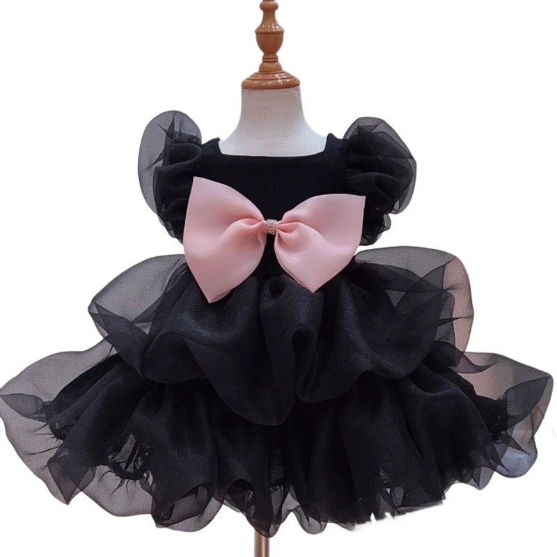 Cat and Dog Dress Summer Pink Bow Bubble Skirt Black Puff Sleeve Princess Dress Small and Medium-sized Pet Clothing