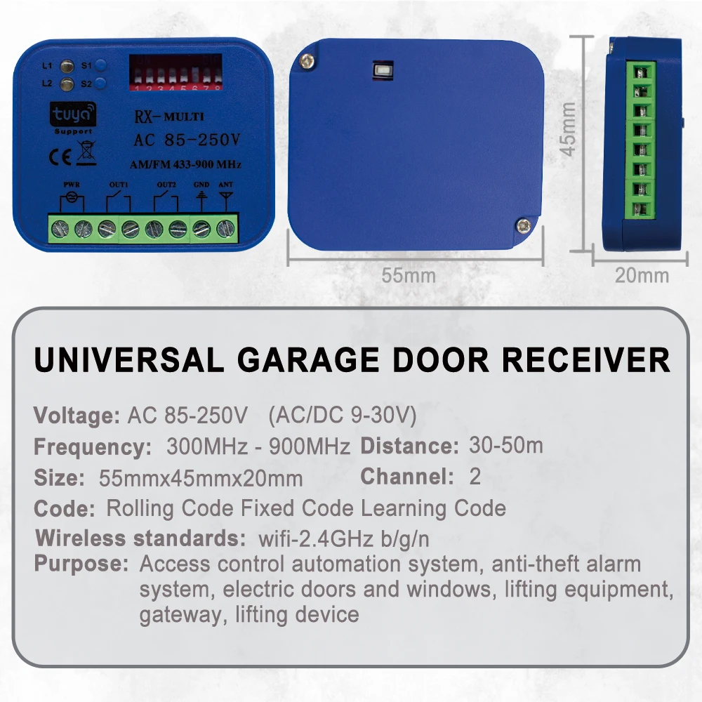 Imagem -06 - Tuya Wifi Interruptor Inteligente Universal rx Multi Frequência Receptor da Porta da Garagem Receptor de Portão 2ch 300-900mhz 930v 85250v 1-20 Pcs