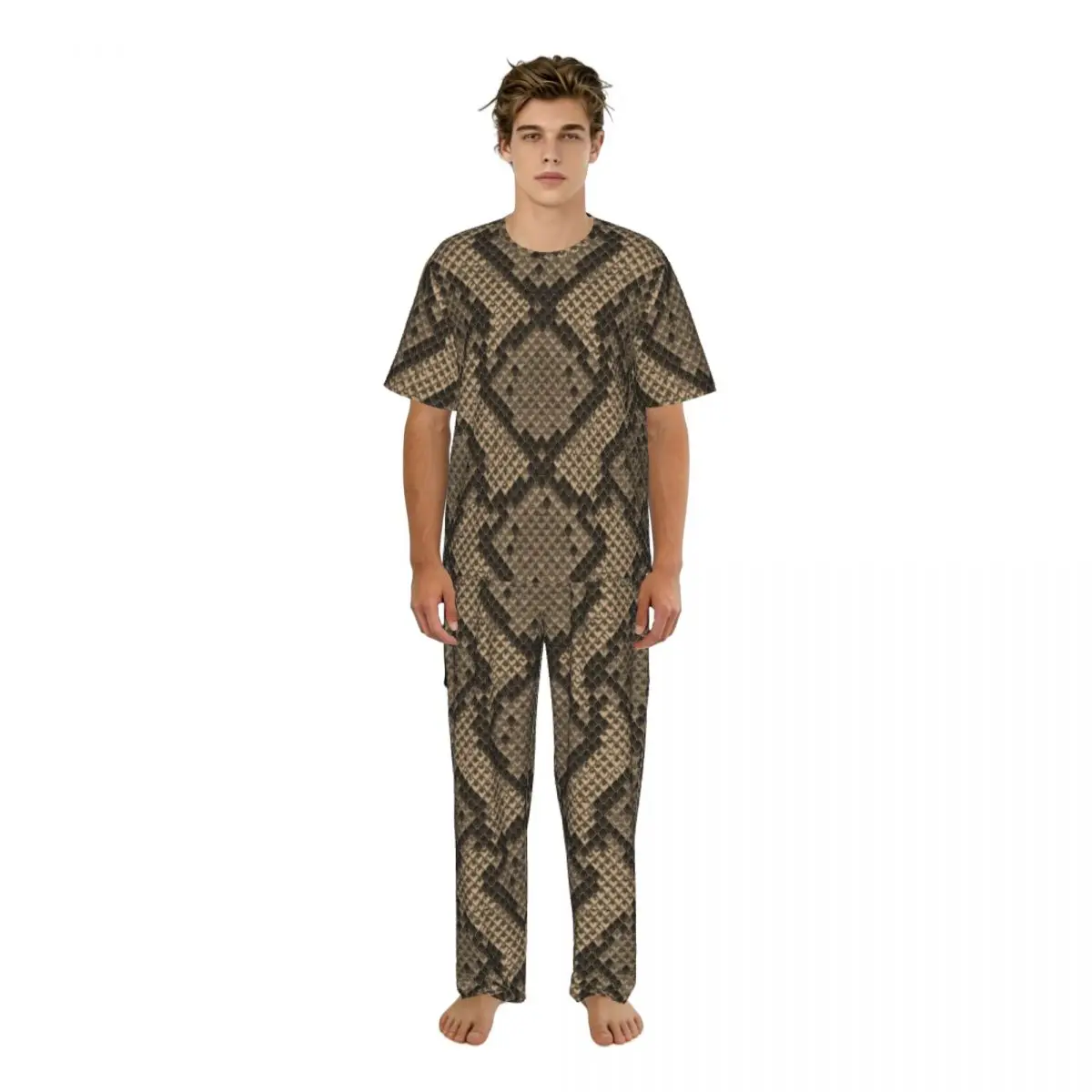 Men Pajamas Set Snake Skin Pattern Short Sleeve Spring Summer Lounge Sleepwear Male Nightwear