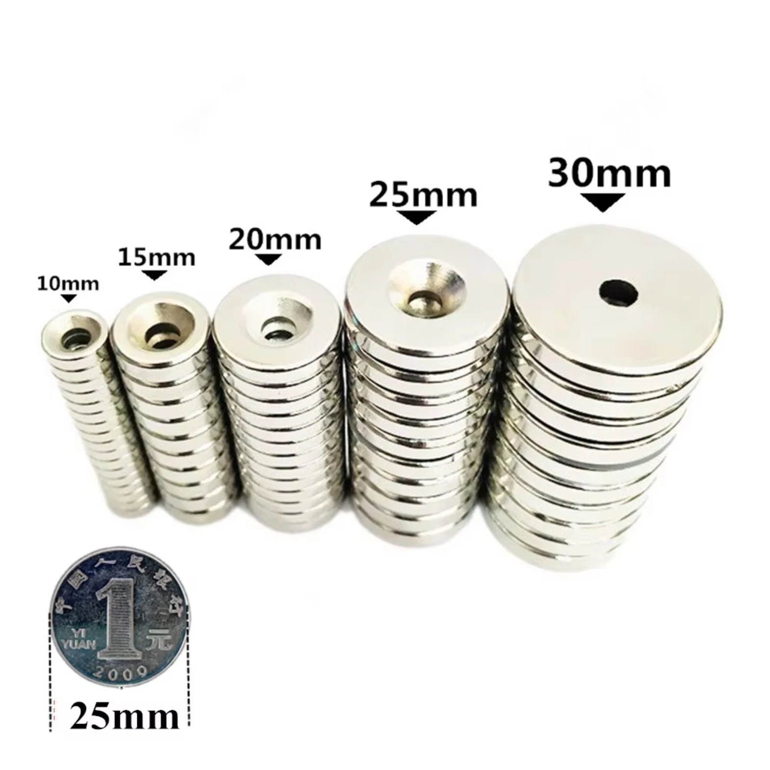 10PCS M3 M4 M5 카운터 싱크 링 구멍이있는 구멍 직경 8mm-40mm의 강력한 네오디뮴 자석 희토류 라운드 N52 천공 자석